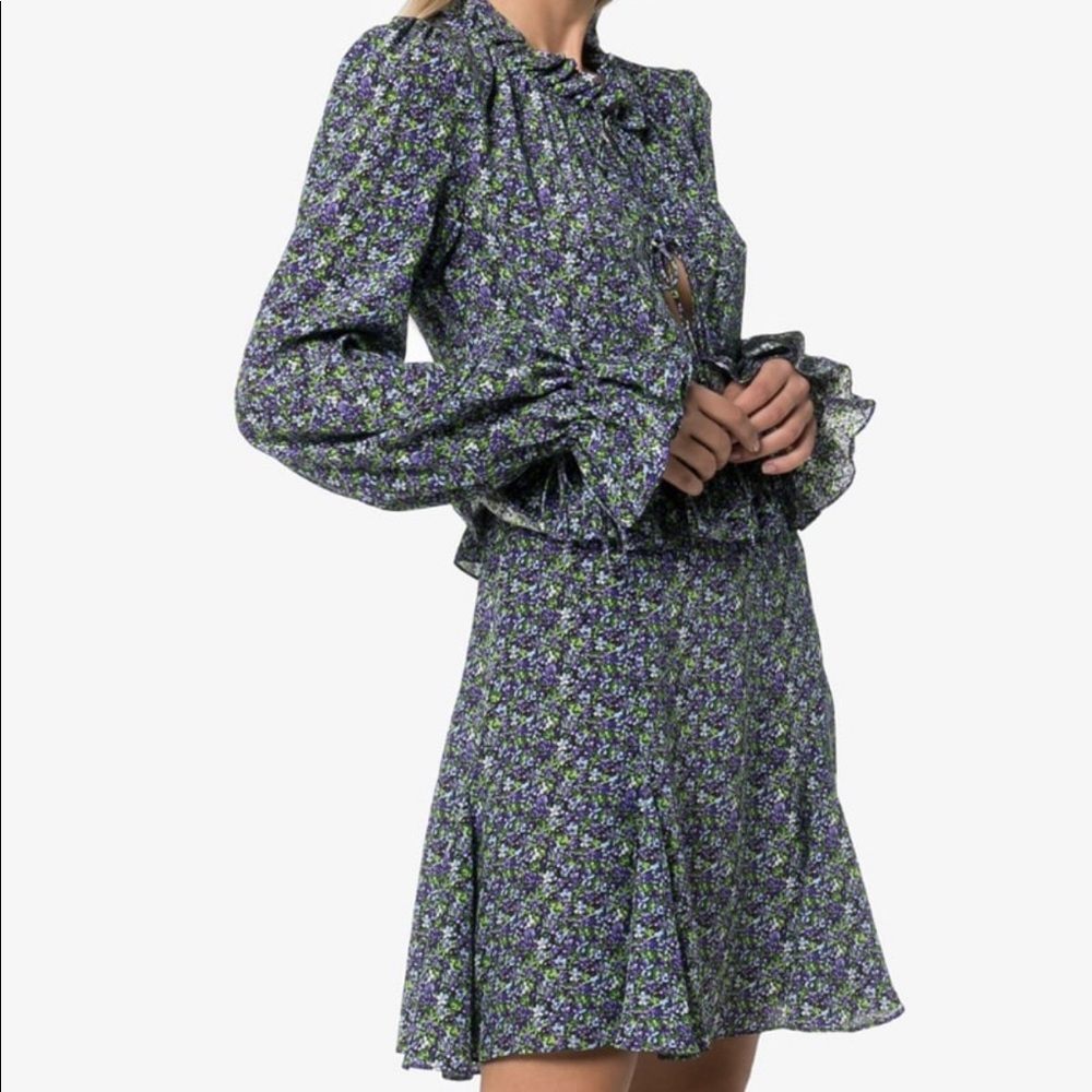 Les Reveries Floral Ruffle Mini Dress in Green and Purple